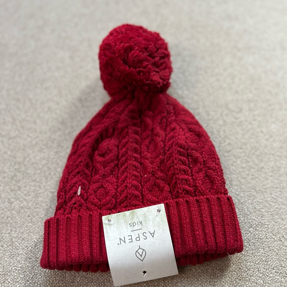 Aspen Kids Red Cable Knit Pom-Pom Hat